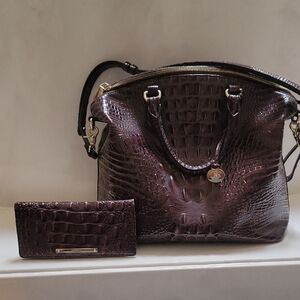 Croc-Embossed Dark Plum Satchel and Wallet Set